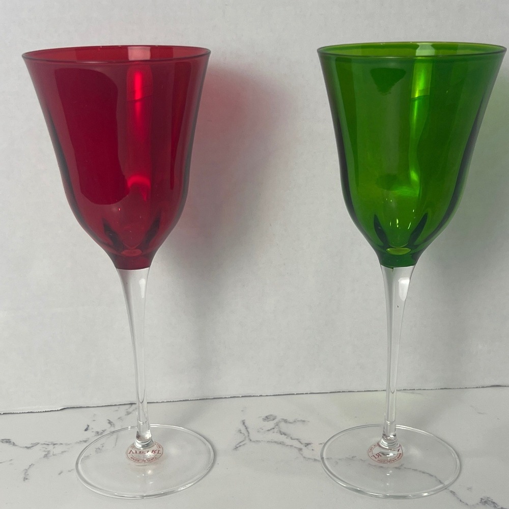 VIETRI Italy Red Green Wine Glasses Set 2 Holiday Christmas Stemware Stickers